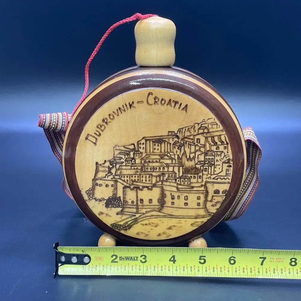 Vtg Wood Flask Canteen Handcrafted Folk Art Carved Pyrography Dubrovnik Croatia